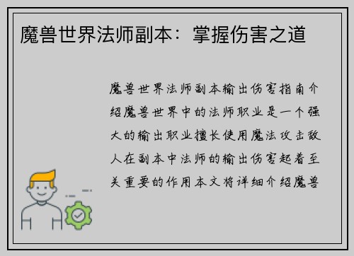 魔兽世界法师副本：掌握伤害之道